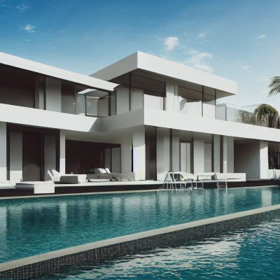 Luxury pool villa spectacular contemporary design digital art real estate , home, house and property, Generative AI illustration.