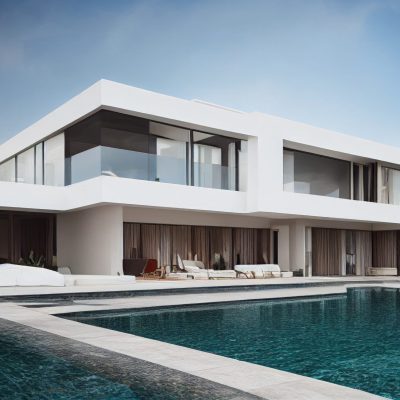 Luxury pool villa spectacular contemporary design digital art real estate , home, house and property, Generative AI illustration.